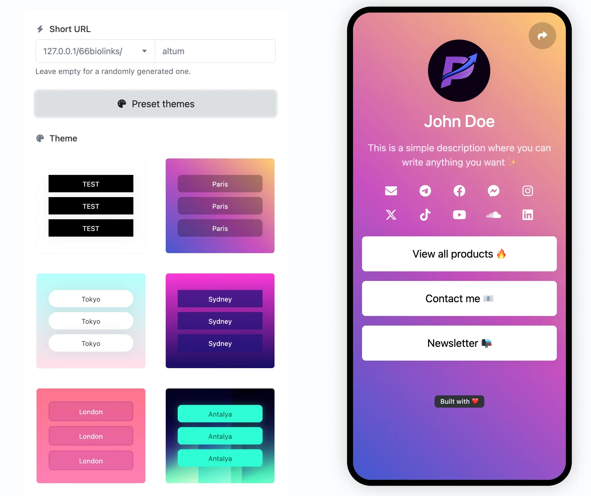 Screenshot of the app biolink editing page